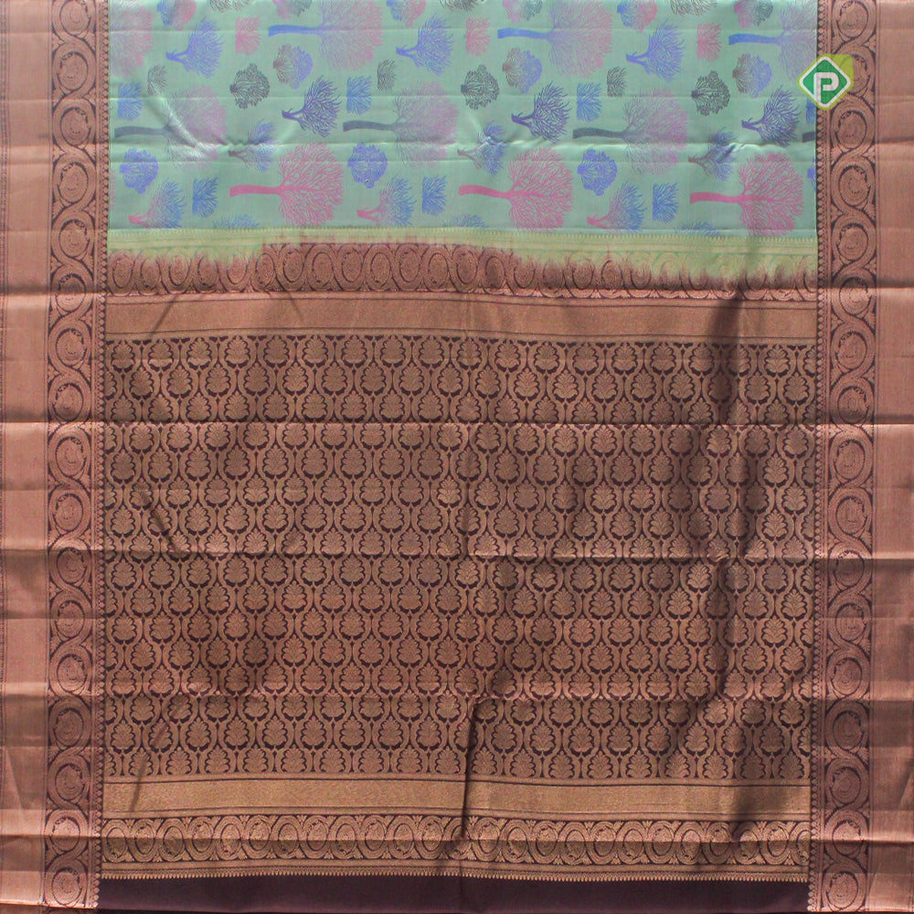 Pista Green Copper Zari Bavanji Floral Design Border Trendy Designer Silk Saree