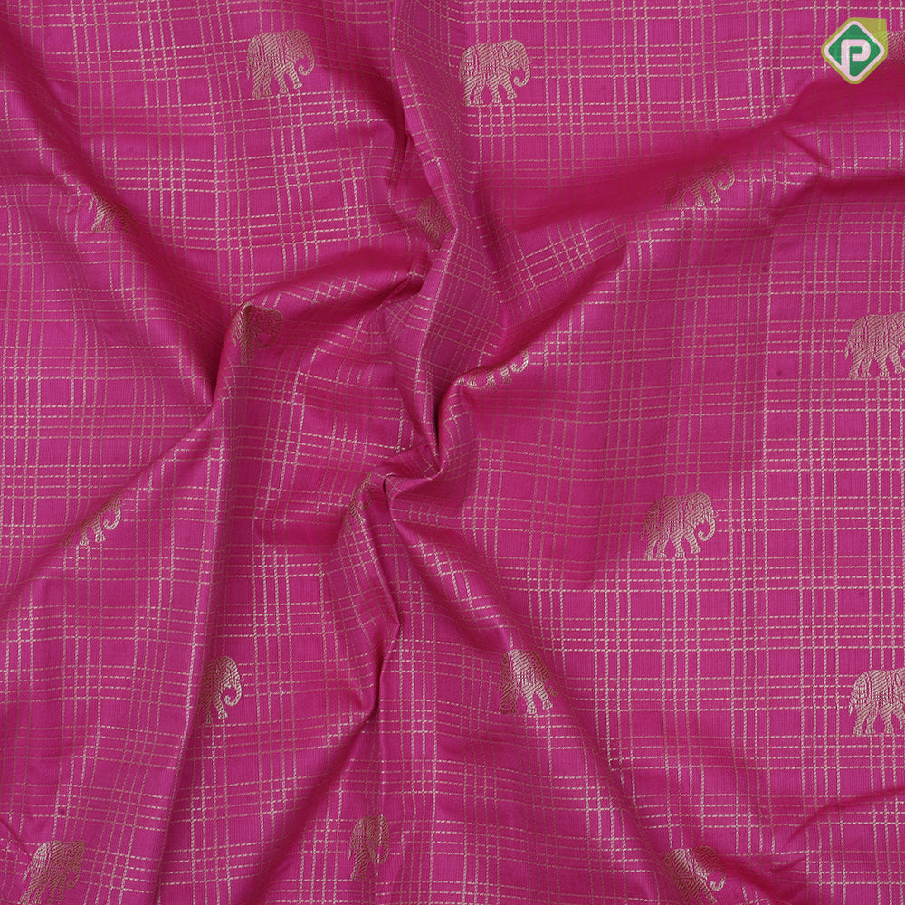 Pink gold zari checks and elephant butta design self gold zari peacock and zig zag border Art silk saree
