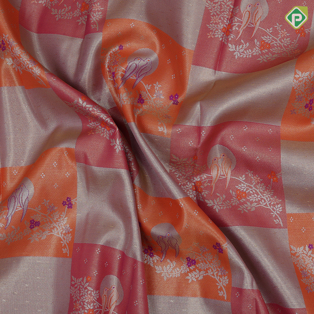 Orange base multi color double sparrow design rani pink gold zari grand border tissue art silk saree