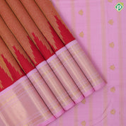 tomato red base gold zari by zari tissue weave temple design candy pink gold zari mayikan border fusion silk saree