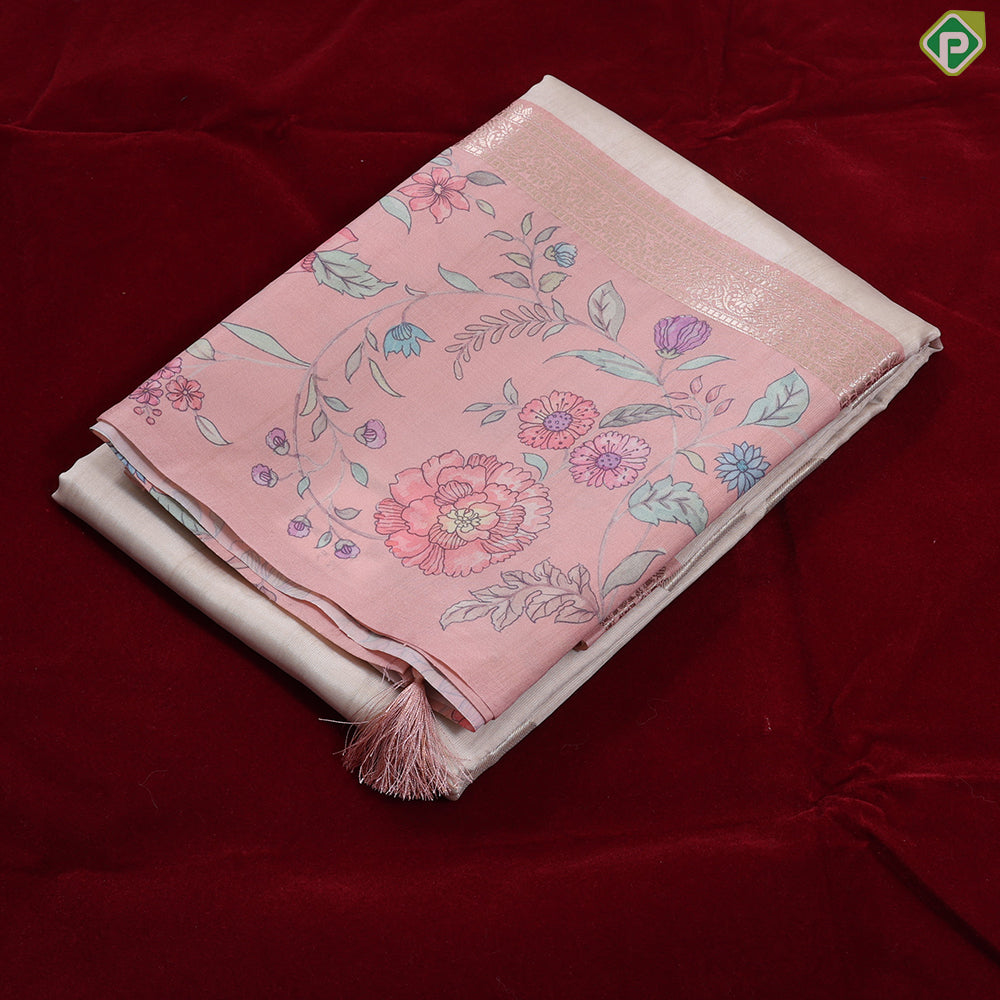 cream with gold zari round butta design baby pink multi colour floral border semi tusser saree