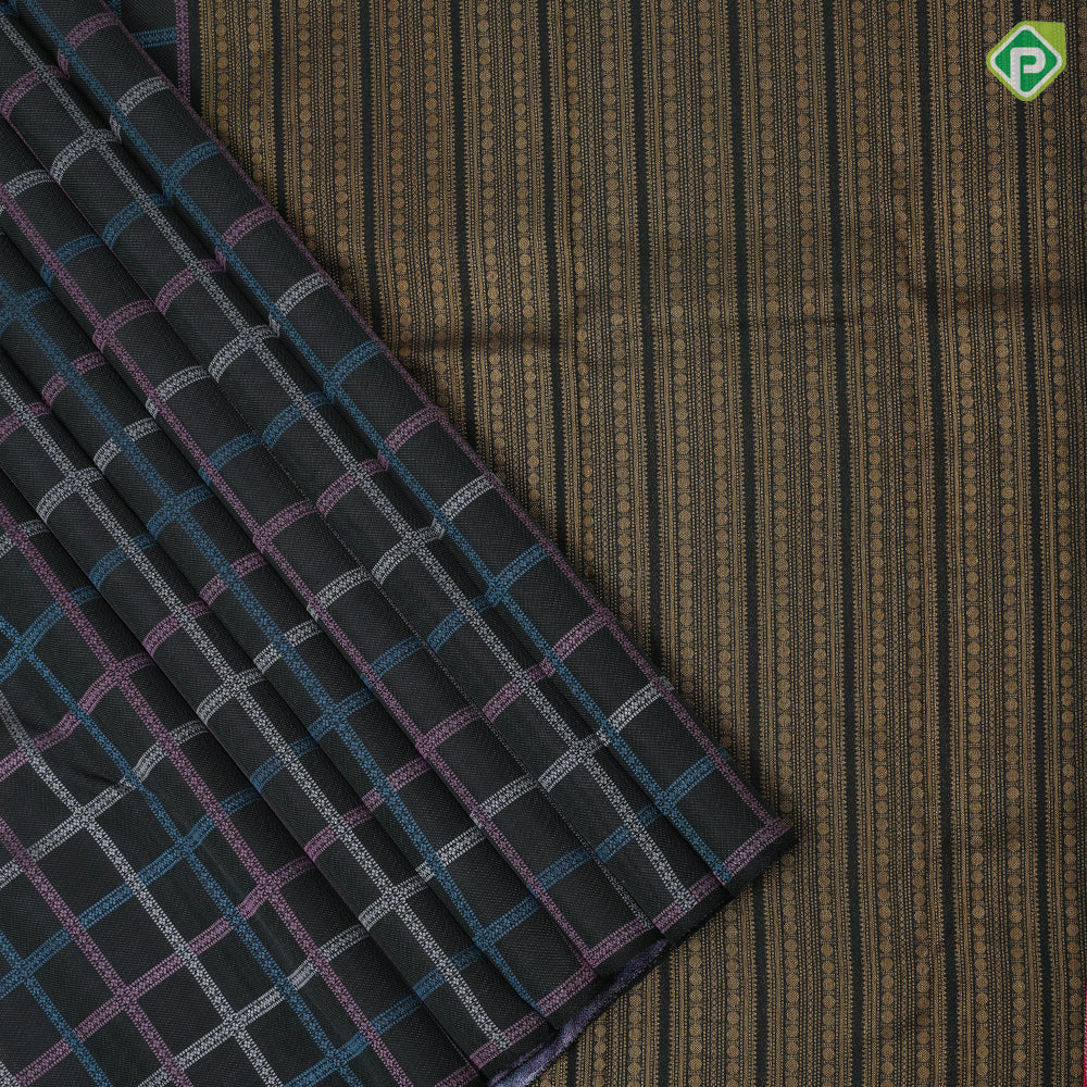 Fern green base multi color silk thread checks design borderless trendy designer silk saree