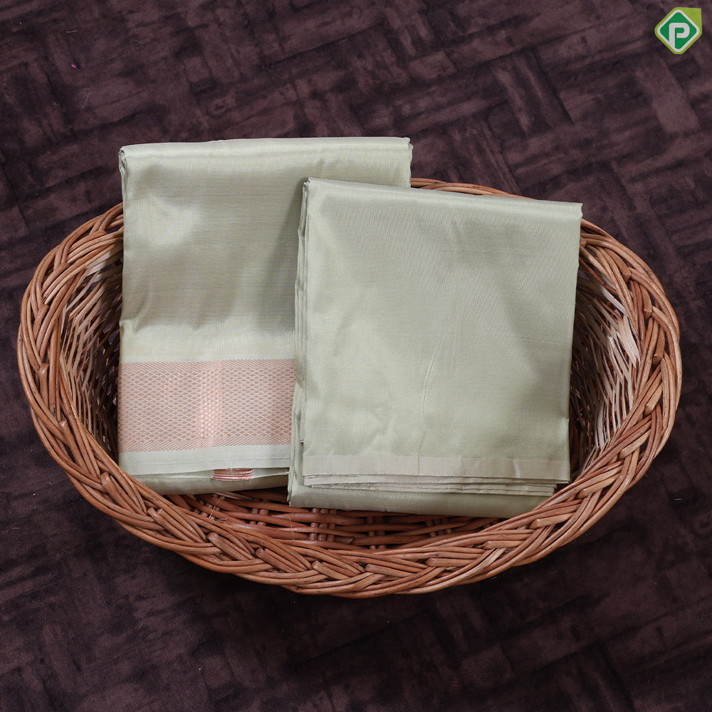 Pista Green Gold Zari Mayilkan Border 2 in 1 Pure Mix Silk 8 Muzham Dhothi Set
