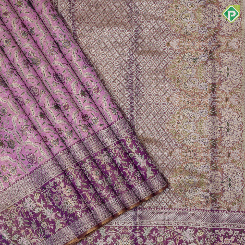Baby pink multi color zari meena work tissue weaved purple with meena work border exclusive bridal silk saree