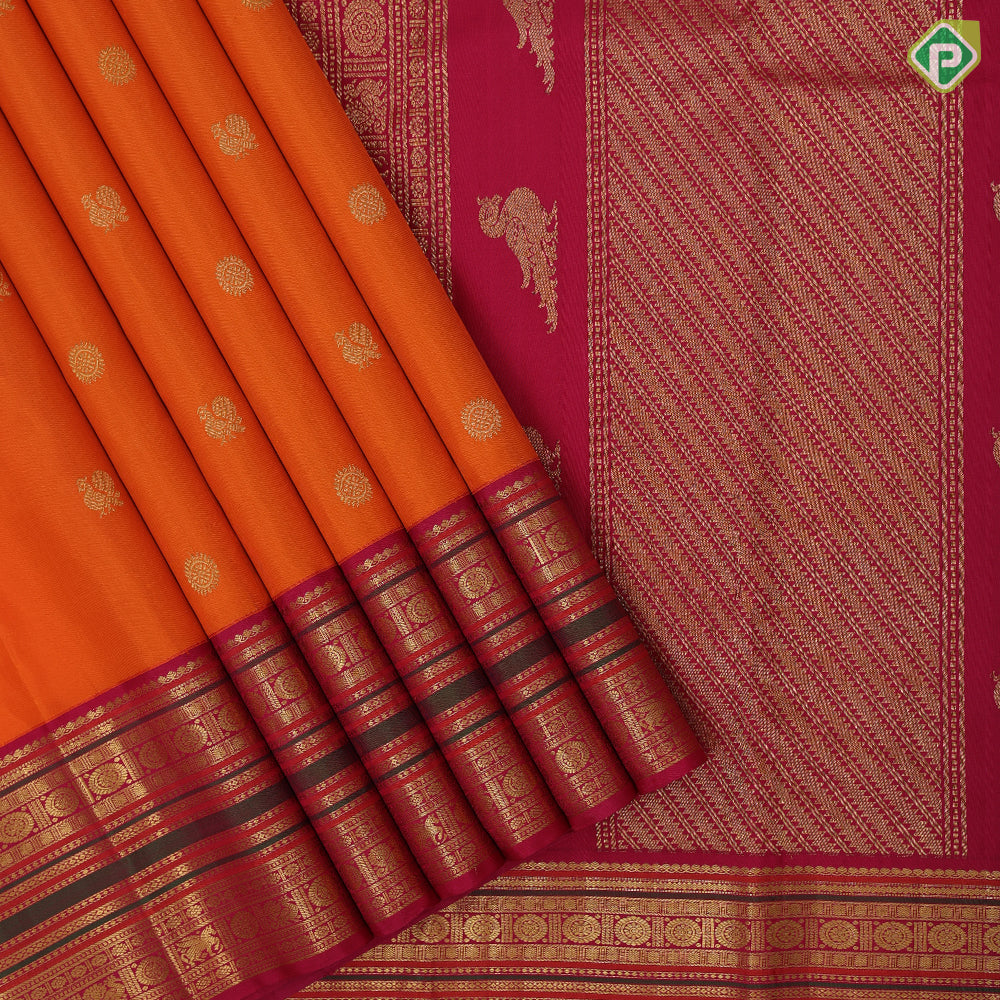Kaavi orange gold zari Annam chakkaram butta motifs rani red gold zari rudrakkam annam butta lines border vintage silk saree