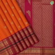 Kaavi orange gold zari Annam chakkaram butta motifs rani red gold zari rudrakkam annam butta lines border vintage silk saree