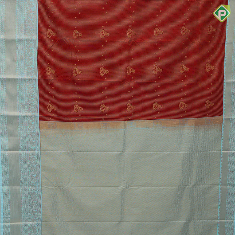 Rust color gold zari stripes and flower creeper butta sea blue gold zari peacock butta border art silk saree