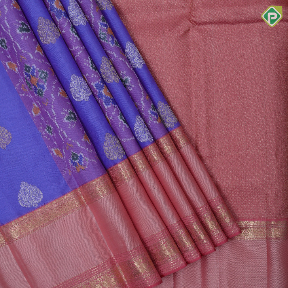 Light blue base ikkat design contrast pink gold zari rettapet korvai border ikkat kanjivaram fusion silk saree
