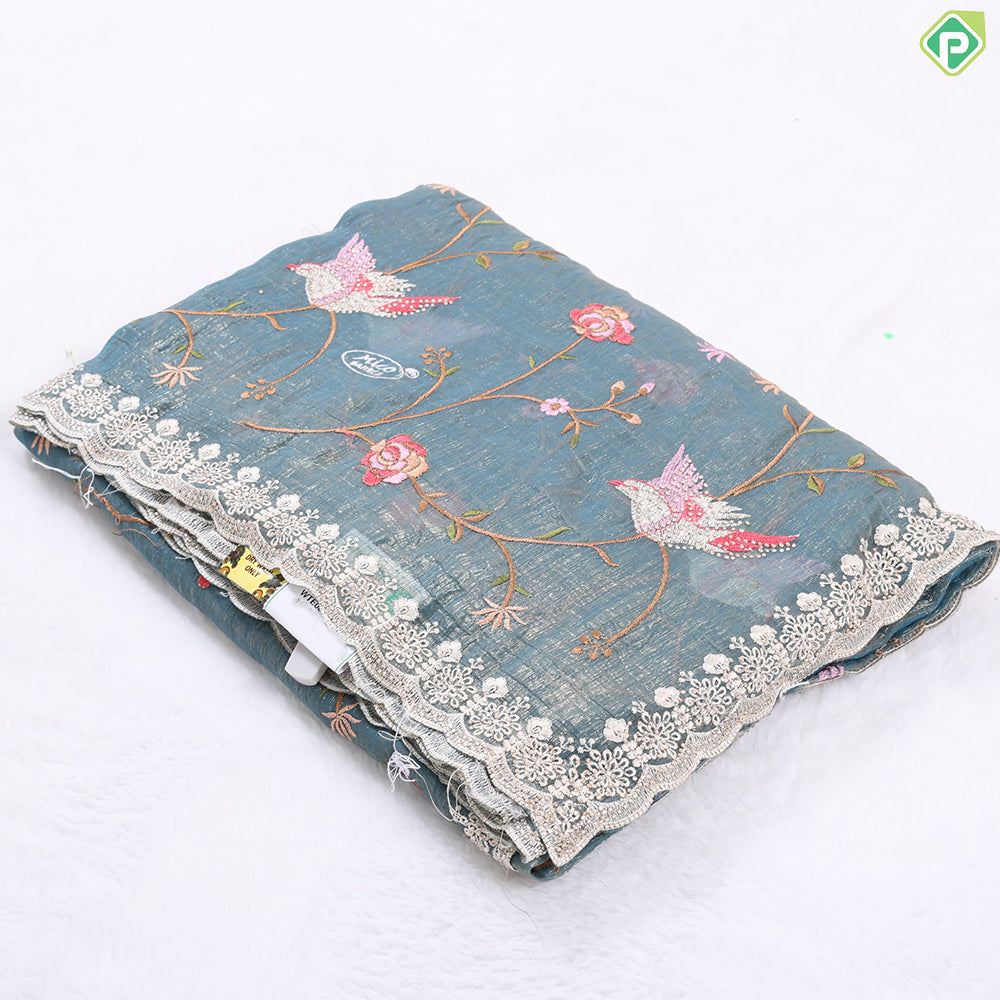 Porpoise grey tissue effect floral embroidered design edge cut work border Holly wood fancy saree