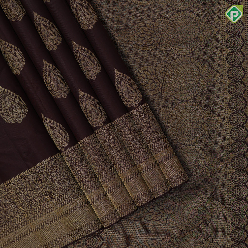 Bottle green gold zari leaf design self gold zari mango butta border gift silk saree