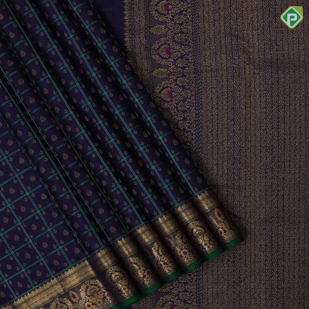 Navy Blue Gold Zari Thread Checks Butta Design Self Colour Floral Meena Work Border Design Trendy Fancy Silk Saree