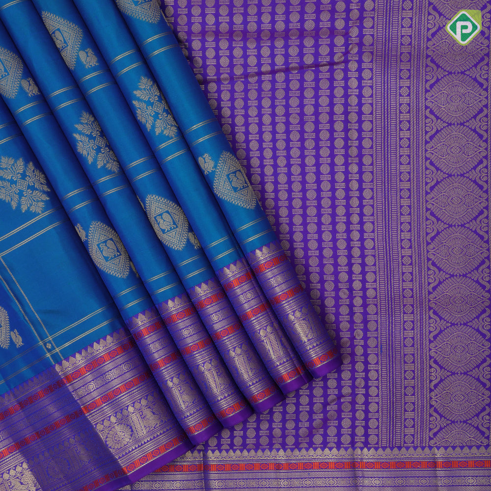Peacock blue gold zari Double line checks peacock butta purple blue meena work border traditional silk saree