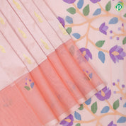 peach pink gold zari fancy peacock butta onion pink thread work border banaras style pallu kora silk saree