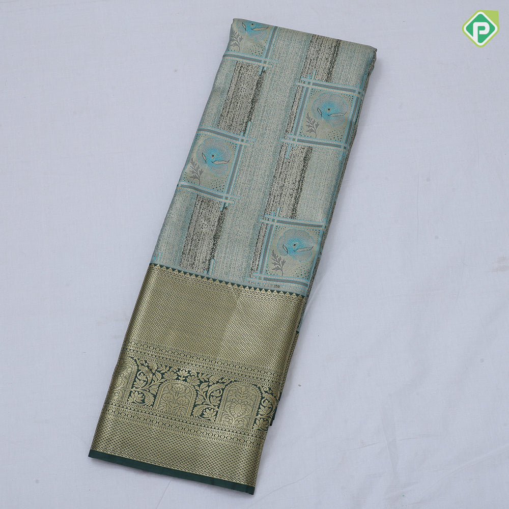 green base pastel red frame flower design self color gold zari grand border tissue art silk saree