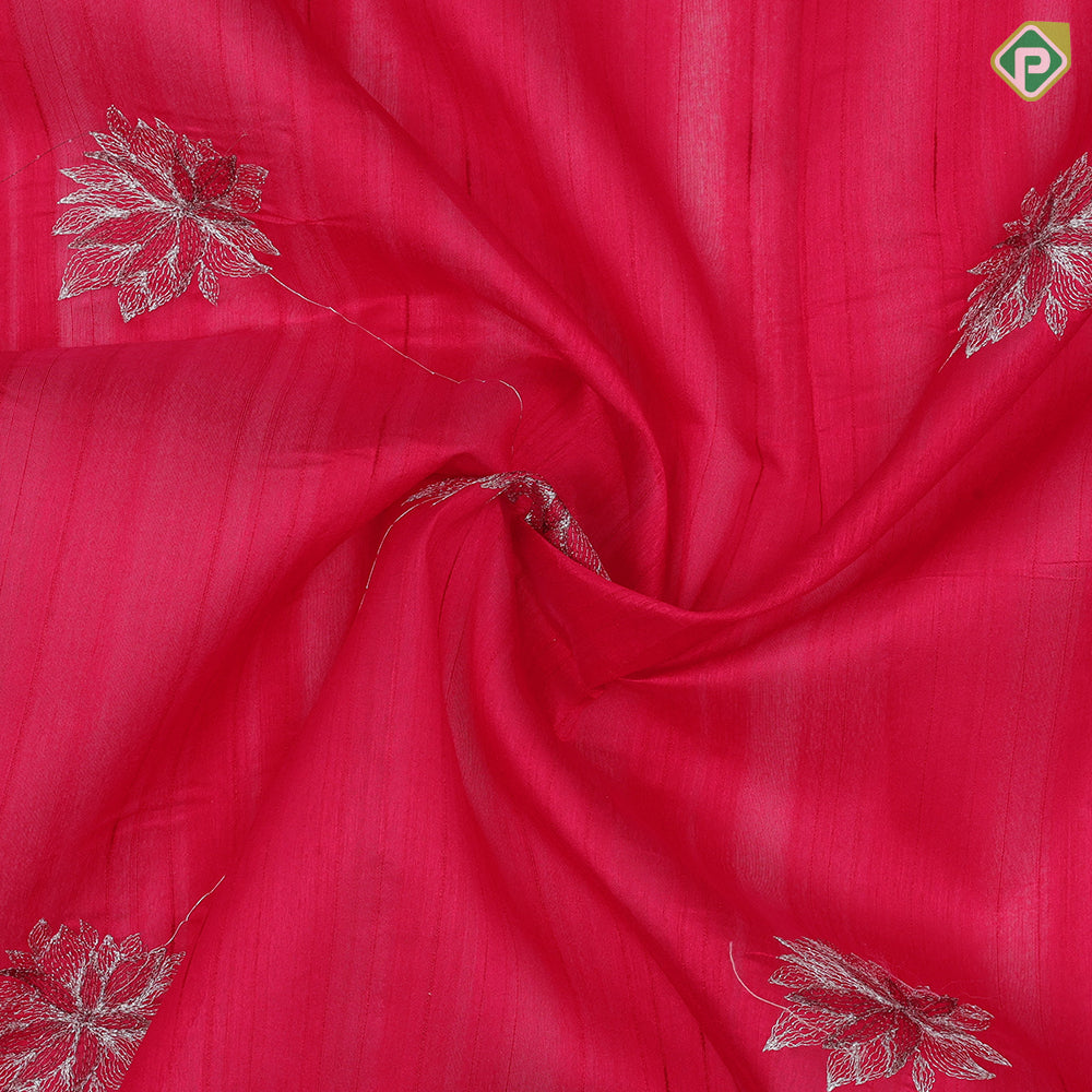 Raspberry pink silver zari fancy flower butta self color big floral embroidered border trending fancy saree