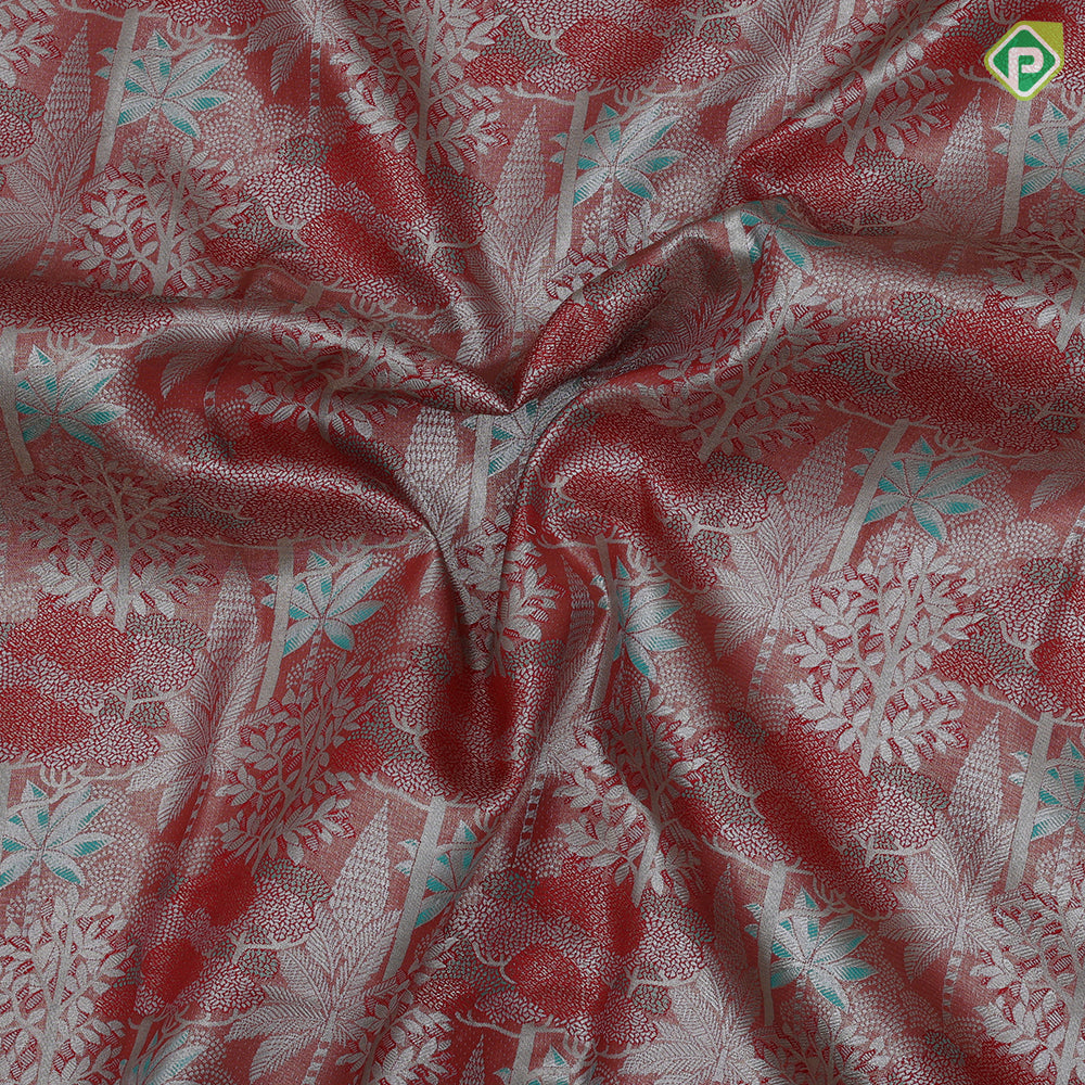 Orangish pink silver zari painting design rexona green gold zari flower butta border tissue art silk saree