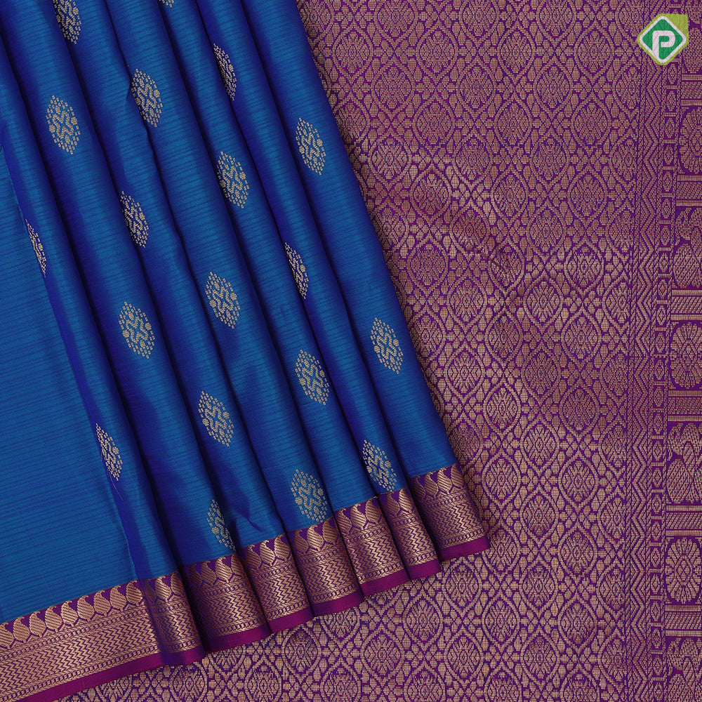Peacock blue gold zari fancy butta design Purple gold zari micro mango butta border gift silk saree