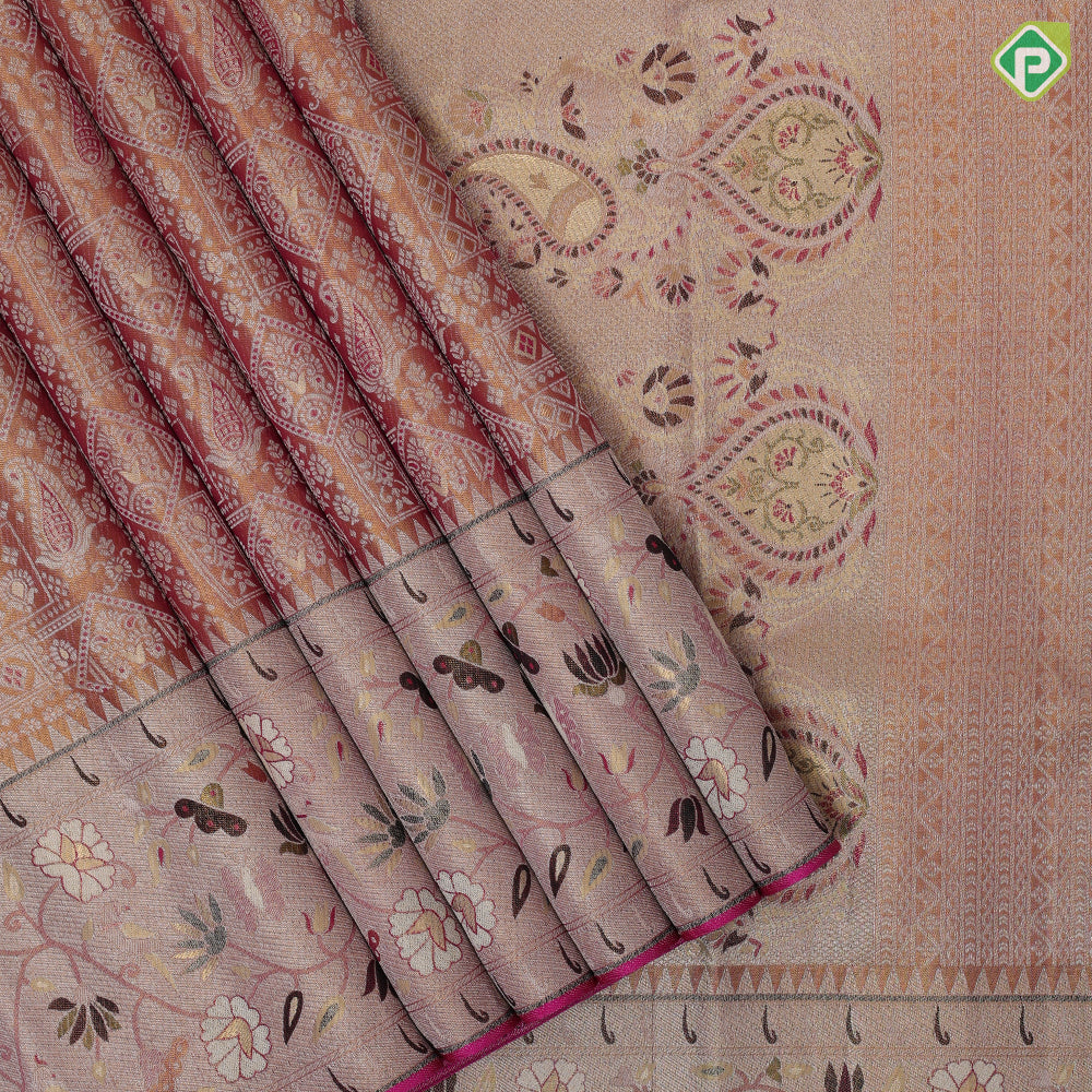 onion pink silver gold zari meena work design self silver gold zari meena work border grand bridal tissue silk saree