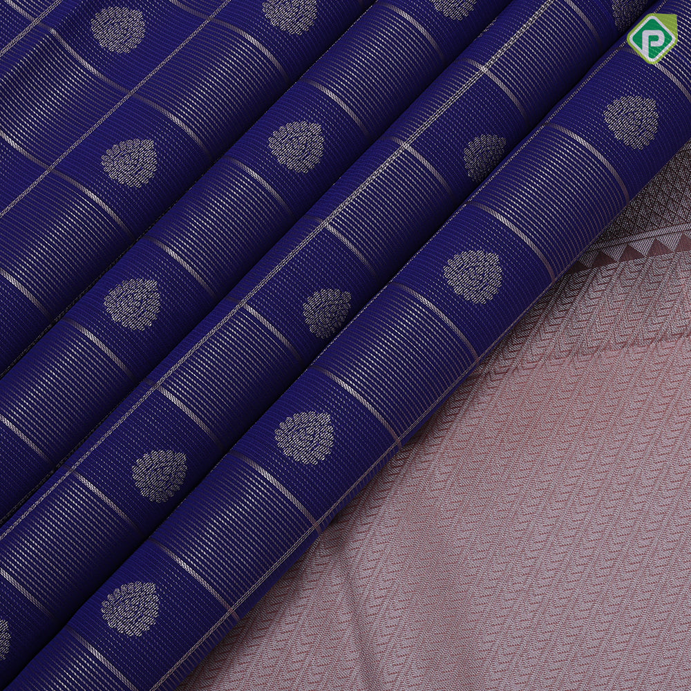Royal blue gold zari window panel and thilagam design peach pink neem zari rettapet border art silk saree