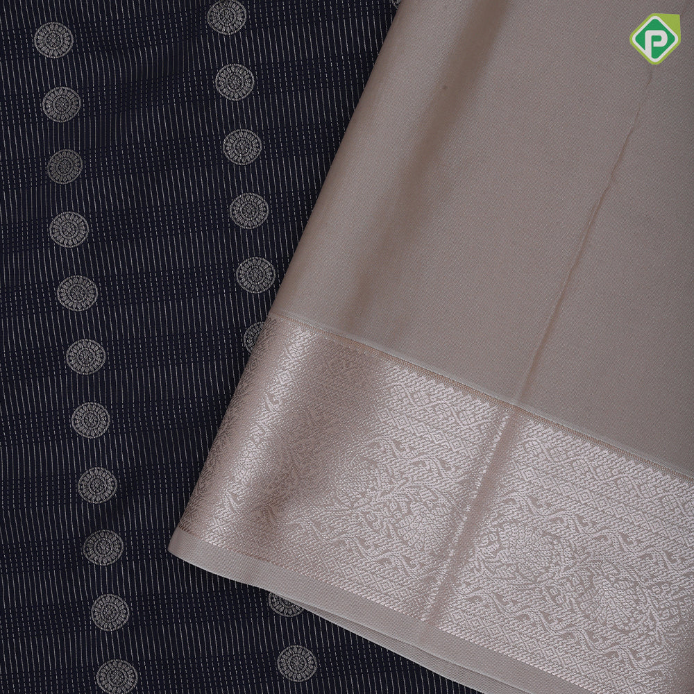 Indigo blue gold zari chakkaram butta design half white zari rangoli butta border Art silk saree