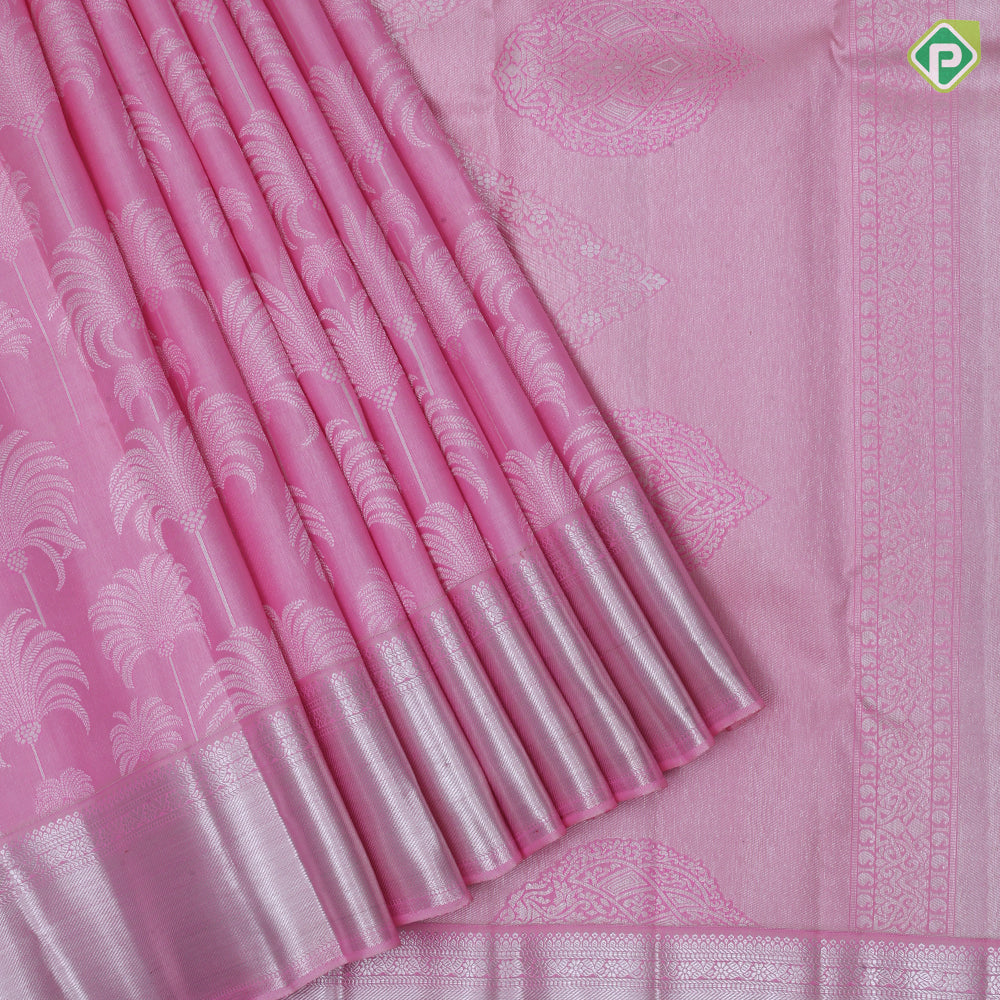 Pastel pink silver zari thilagam meena work butta self silver zari rangoli border bridal silk saree