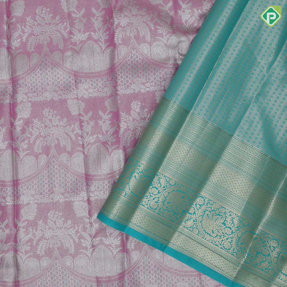 Pink silver zari fancy flower and arch design rama green gold zari rangoli border tissue art silk saree