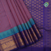 Multi color checked grand pallu blue gold zari koorvai temple border silk cotton saree