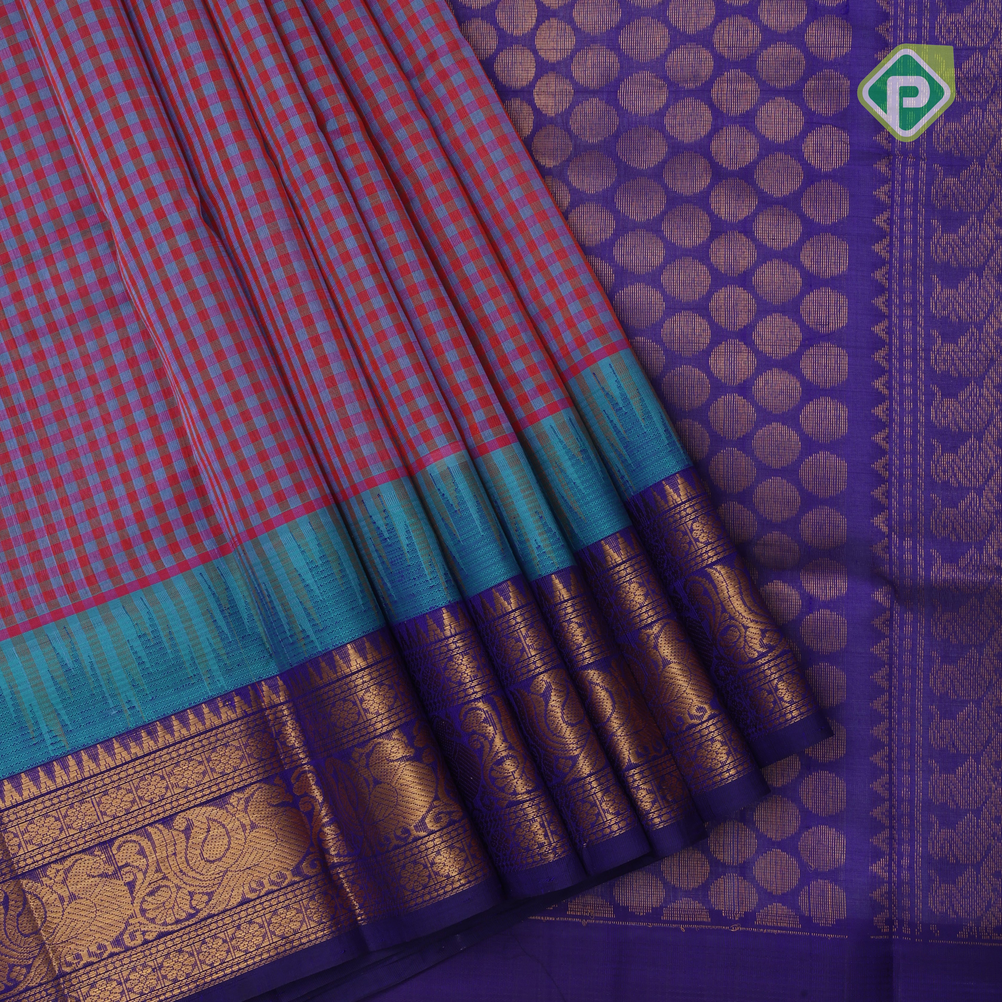 Multi color checked grand pallu blue gold zari koorvai temple border silk cotton saree