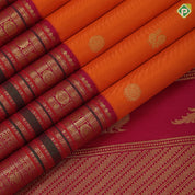 Kaavi orange gold zari Annam chakkaram butta motifs rani red gold zari rudrakkam annam butta lines border vintage silk saree