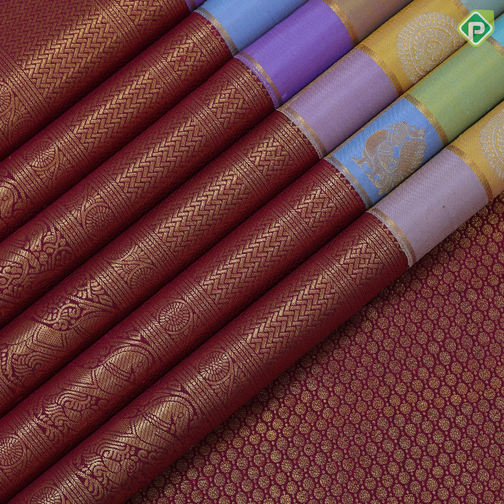 Multi color gold zari butta and zari kattam paalum pazhamum checks design maroon red high border traditional silk saree