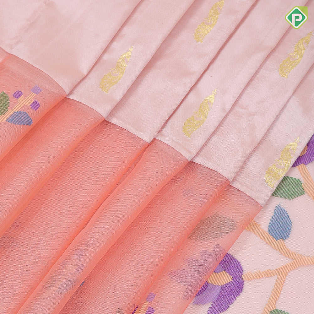 peach pink gold zari fancy peacock butta onion pink thread work border banaras style pallu kora silk saree