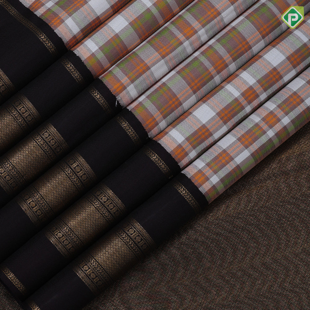 Multi Color barbarian checks design dark brown gold zari tri border traditional silk saree