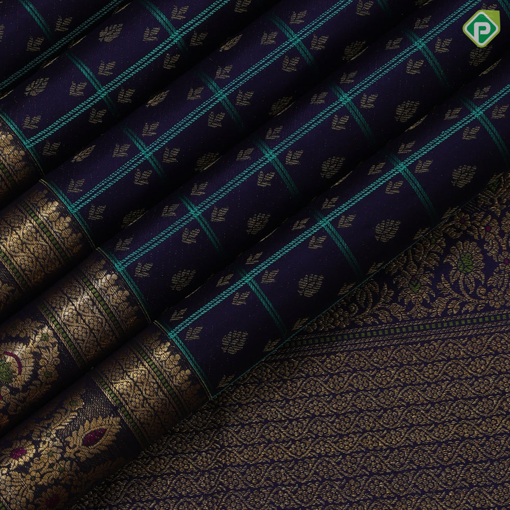 Navy Blue Gold Zari Thread Checks Butta Design Self Colour Floral Meena Work Border Design Trendy Fancy Silk Saree