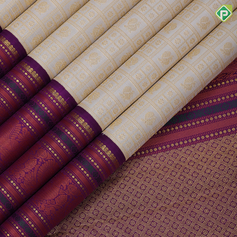 Cream white gold zari butta checks design purple with gold zari and thread work lines border vintage silk saree