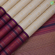 Cream white gold zari butta checks design purple with gold zari and thread work lines border vintage silk saree