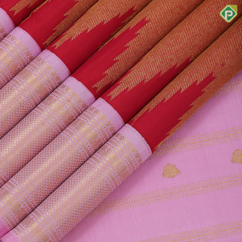 tomato red base gold zari by zari tissue weave temple design candy pink gold zari mayikan border fusion silk saree
