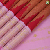 tomato red base gold zari by zari tissue weave temple design candy pink gold zari mayikan border fusion silk saree