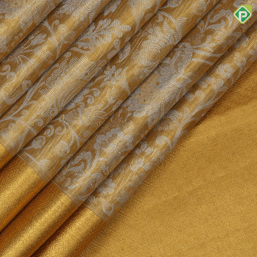 Gold Zari tissue silver zari grand floral design self gold zari green edge border grand tissue silk saree