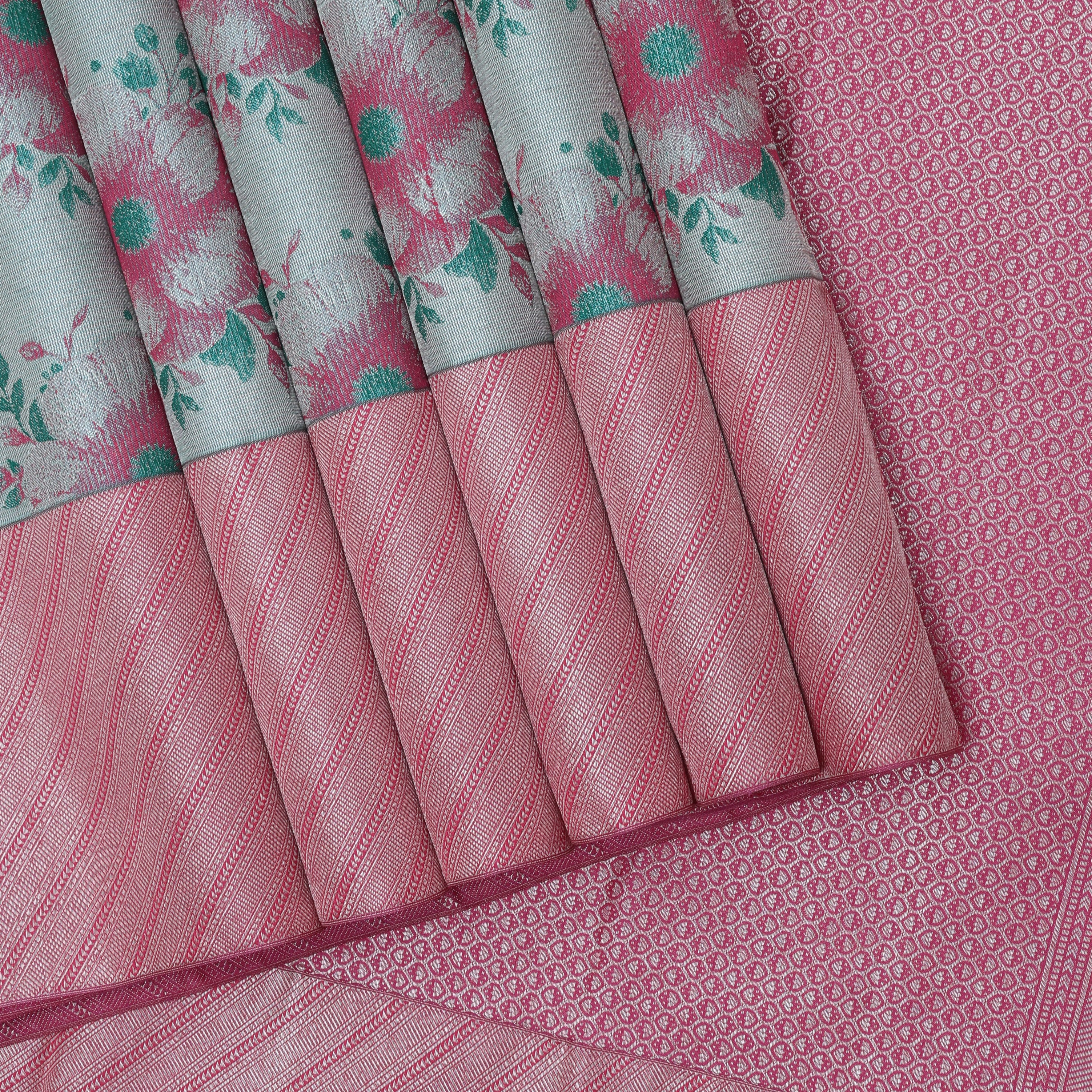 Tea Green silver zari floral design Pink silver zari cross design border trendy designer tissue silk saree