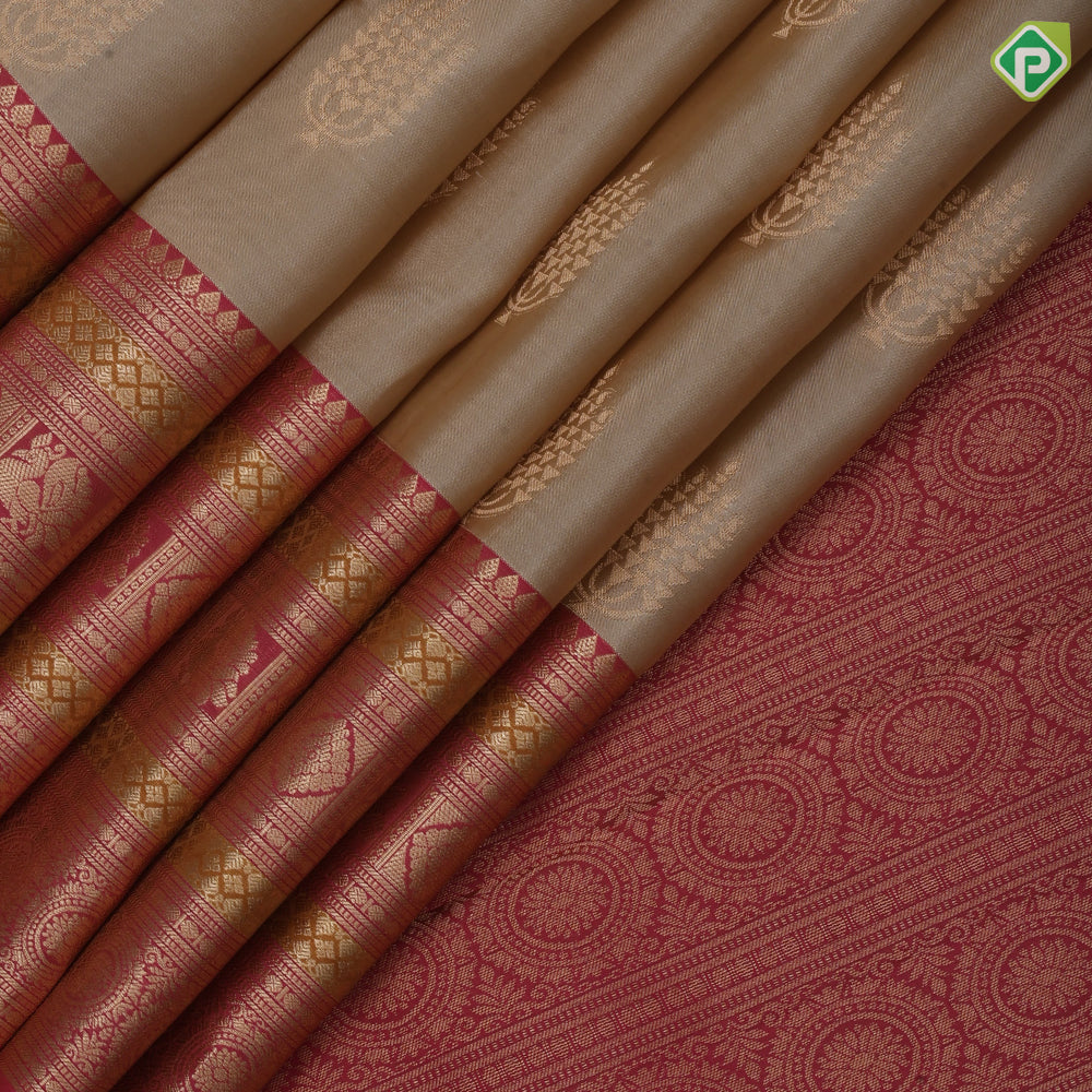 creamy samdal gold zari pancha aarthi butta rose pink gold zari meena work border pure mix silk saree