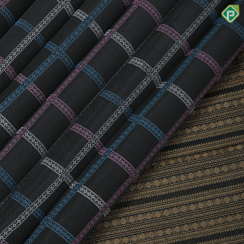 Fern green base multi color silk thread checks design borderless trendy designer silk saree