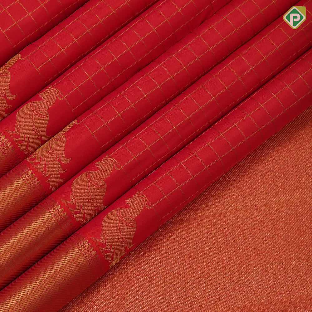 Flame red gold zari kattam checks design parrot butta padded self gold zari bavanji edge border traditional silk saree