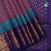 Multi color checked grand pallu blue gold zari koorvai temple border silk cotton saree