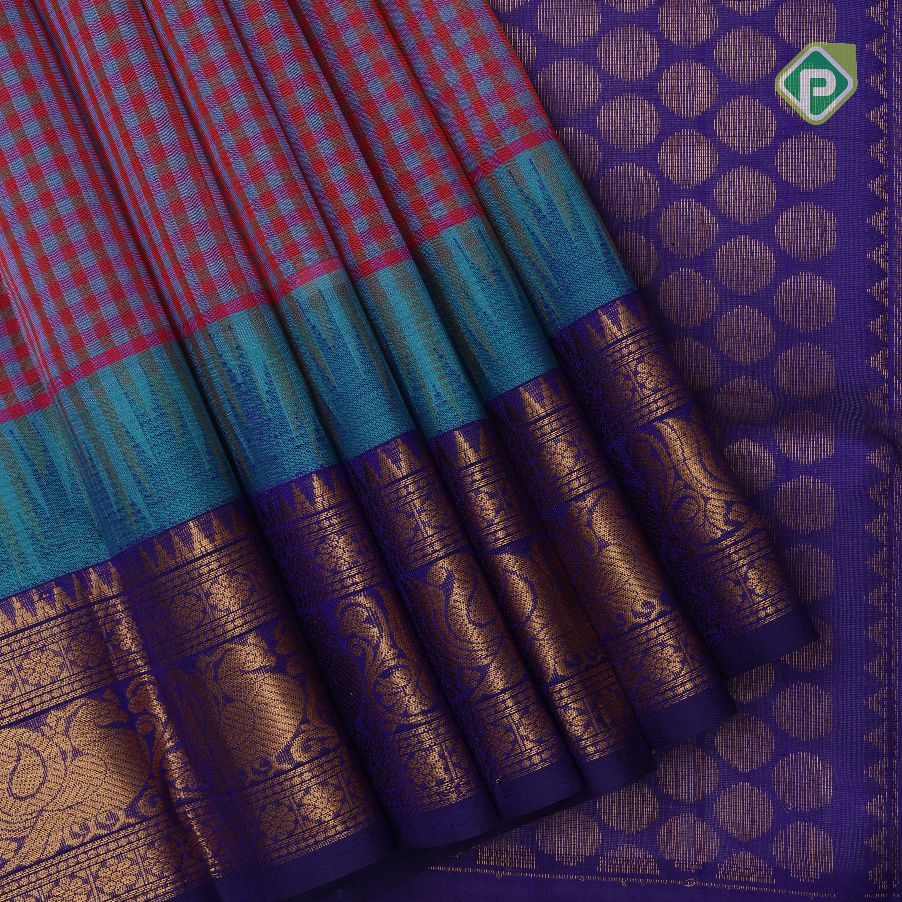 Multi color checked grand pallu blue gold zari koorvai temple border silk cotton saree