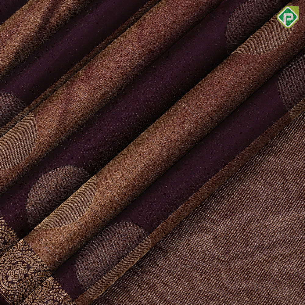 Purple brown gold zari cercles and partition tissue weaved self gold zari edge border trendy tissue silk saree
