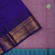 Multi color checked grand pallu blue gold zari koorvai temple border silk cotton saree