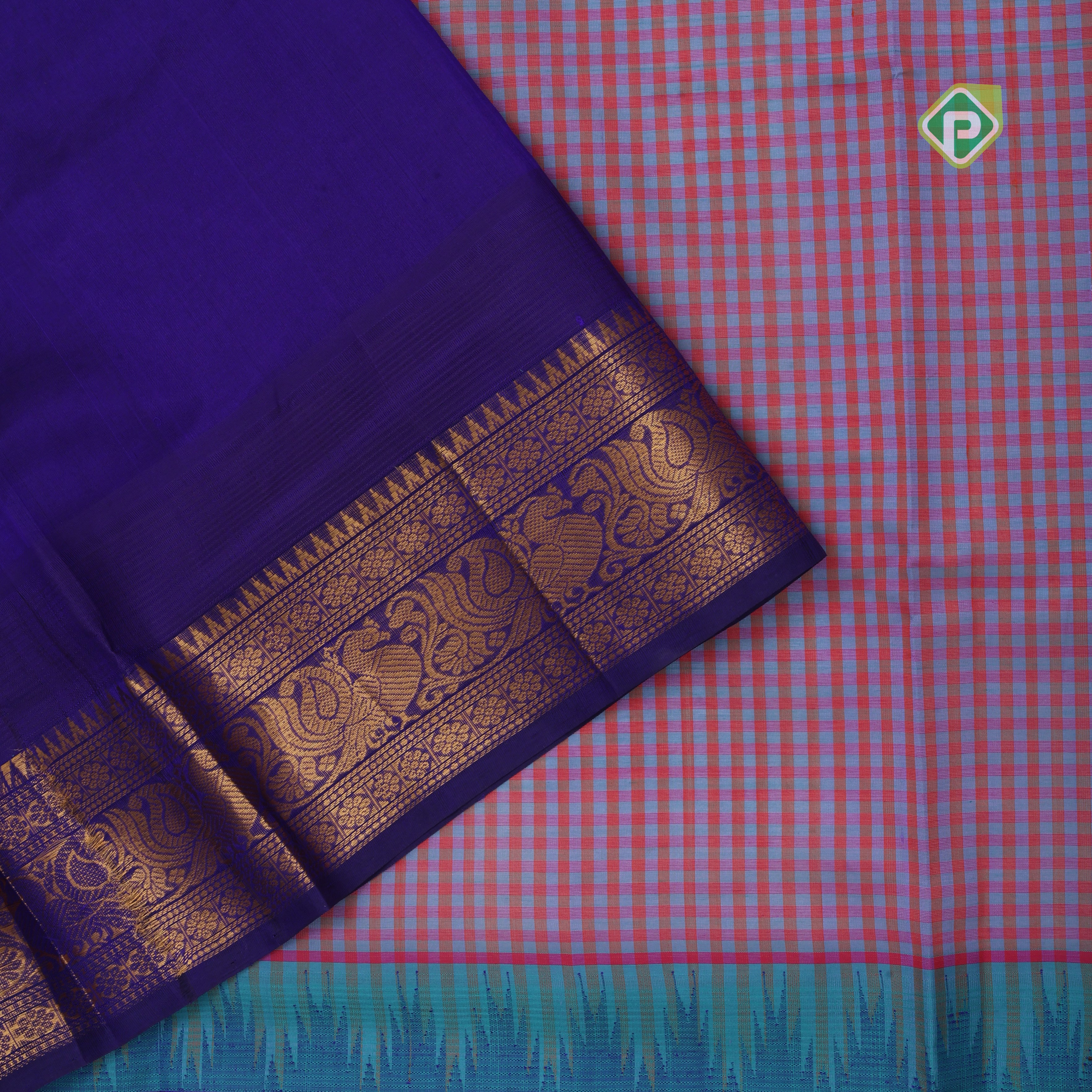 Multi color checked grand pallu blue gold zari koorvai temple border silk cotton saree