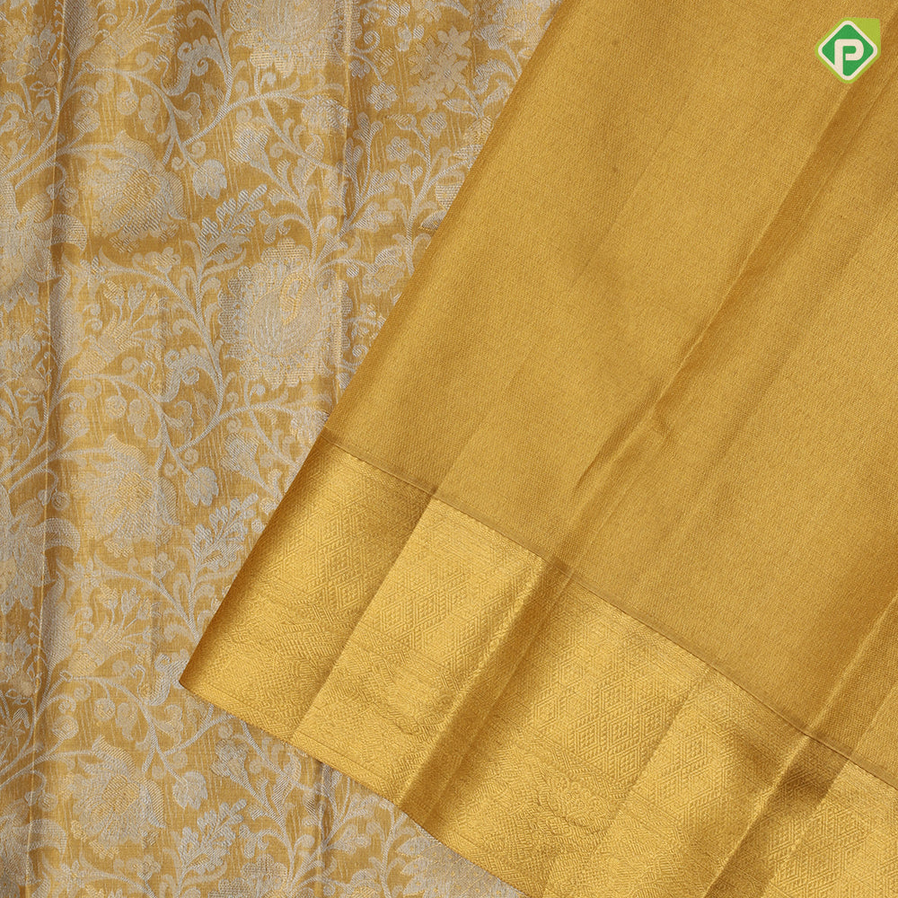 Gold Zari tissue silver zari grand floral design self gold zari green edge border grand tissue silk saree