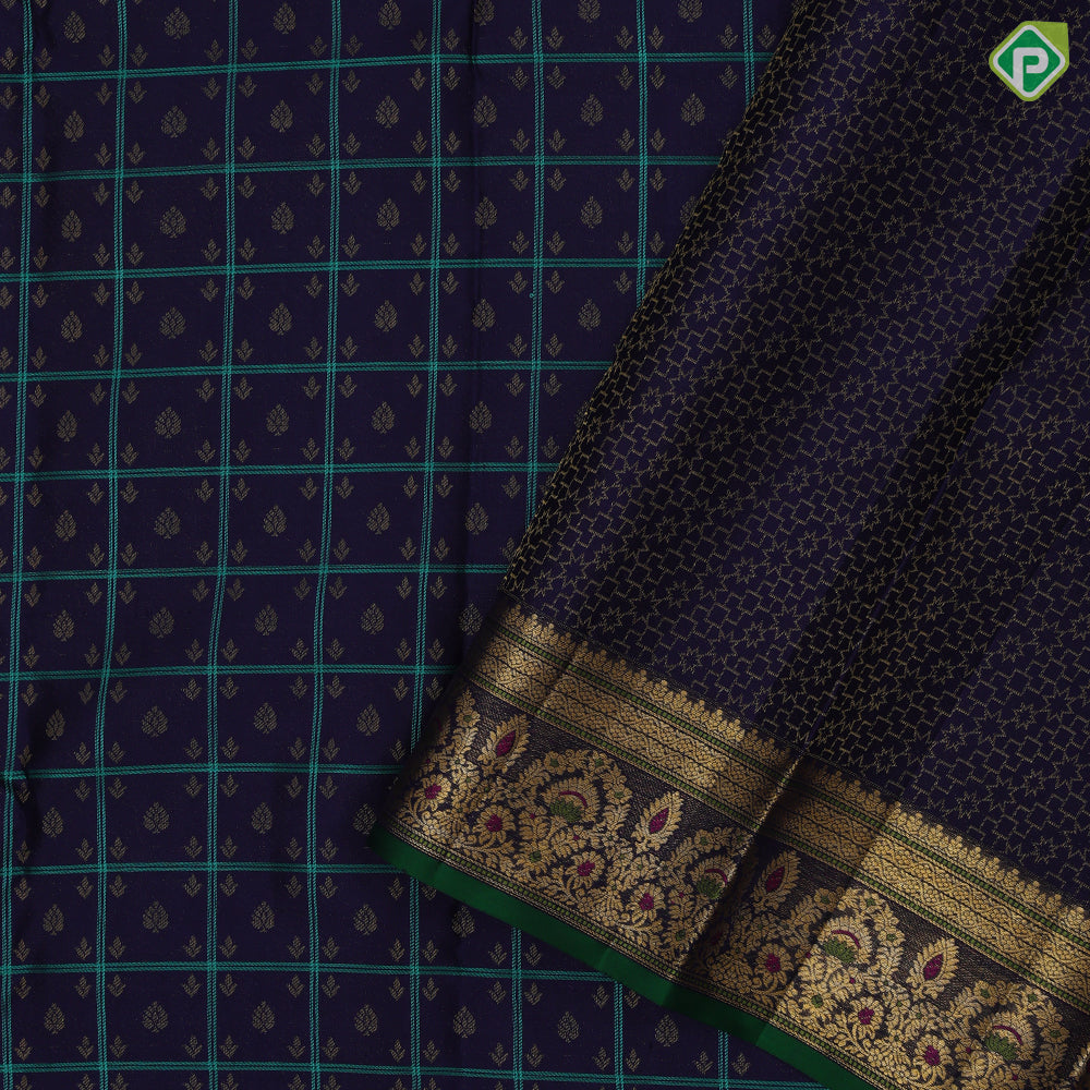 Navy Blue Gold Zari Thread Checks Butta Design Self Colour Floral Meena Work Border Design Trendy Fancy Silk Saree