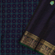 Navy Blue Gold Zari Thread Checks Butta Design Self Colour Floral Meena Work Border Design Trendy Fancy Silk Saree